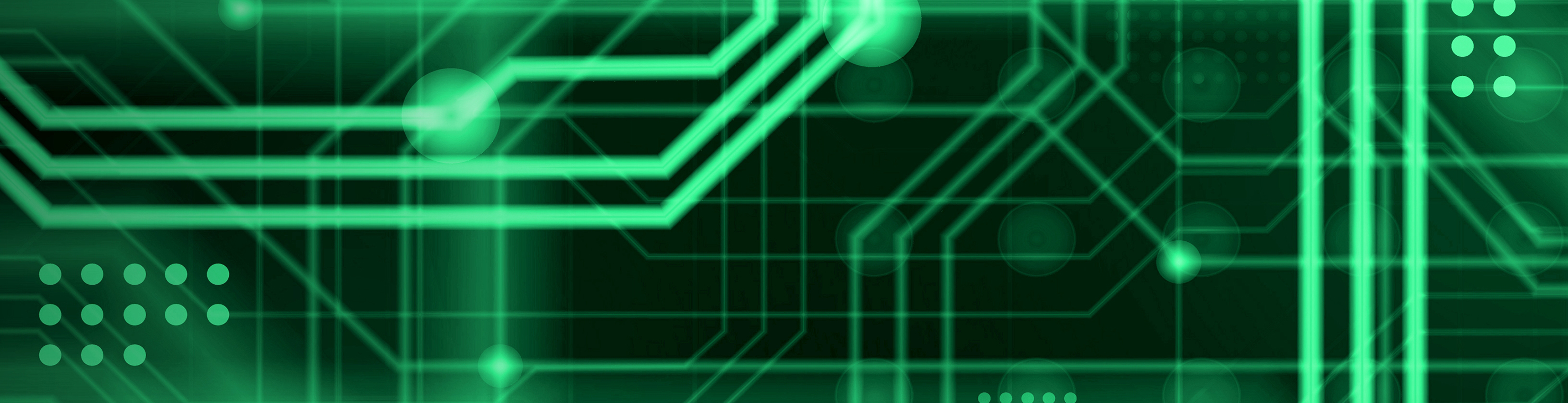 Green digital circuit design with glowing lines and geometric patterns on a dark background, representing technology and cybersecurity.