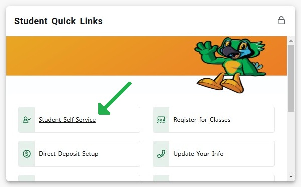 Screenshot of the JSCC jWeb Student Quick Links page showing four buttons: Student Self-Service (highlighted with a green arrow), Register for Classes, Direct Deposit Setup, and Update Your Info. A green bird mascot is visible in the top right corner.