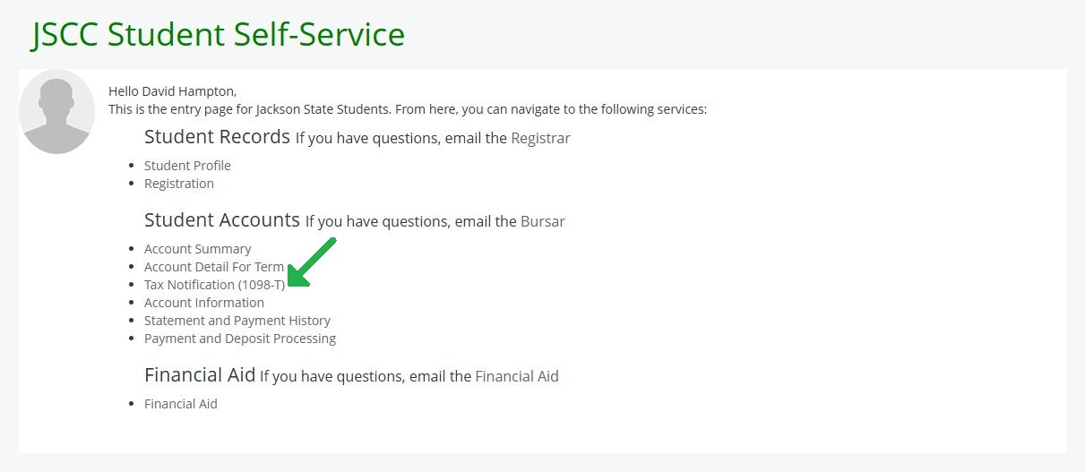 Screenshot of the JSCC Student Self-Service web page showing categories for Student Records, Student Accounts, and Financial Aid. Each category lists related links such as Student Profile, Registration, Account Summary, Tax Notification (1098-T), and Financial Aid. A green arrow highlights the ‘Account Detail For Term’ link under Student Accounts. Contact emails for Registrar