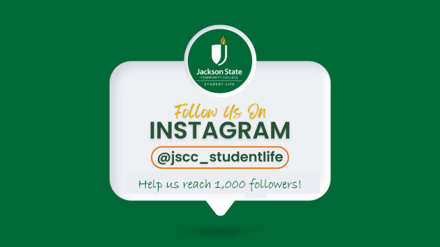 Decorative graphic promoting the JSCC Student Life Instagram page