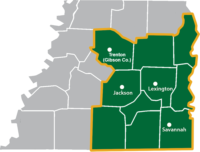 Map indicating cities in West Tennessee that have JSCC campuses.