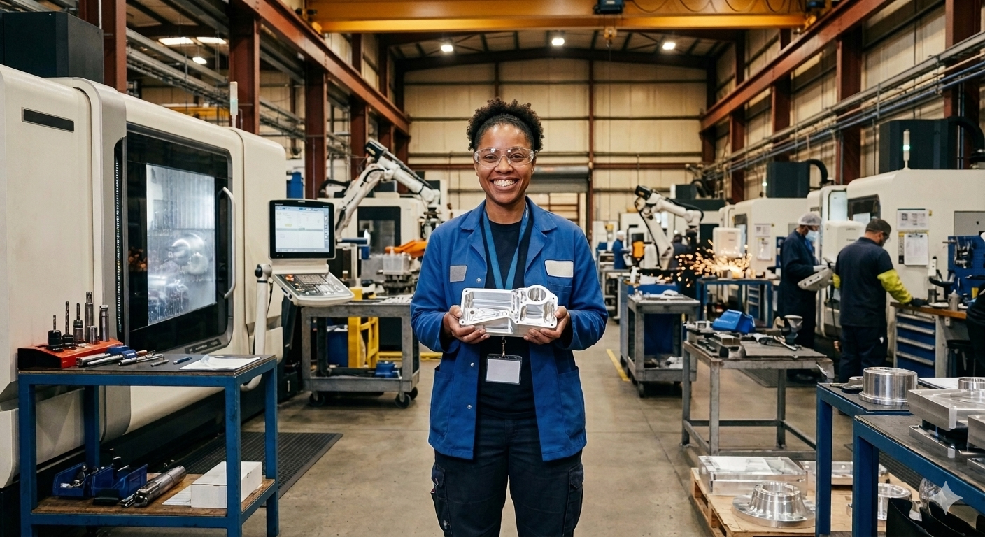 A woman holds a fabricated item while standing in a manufacturing facility.