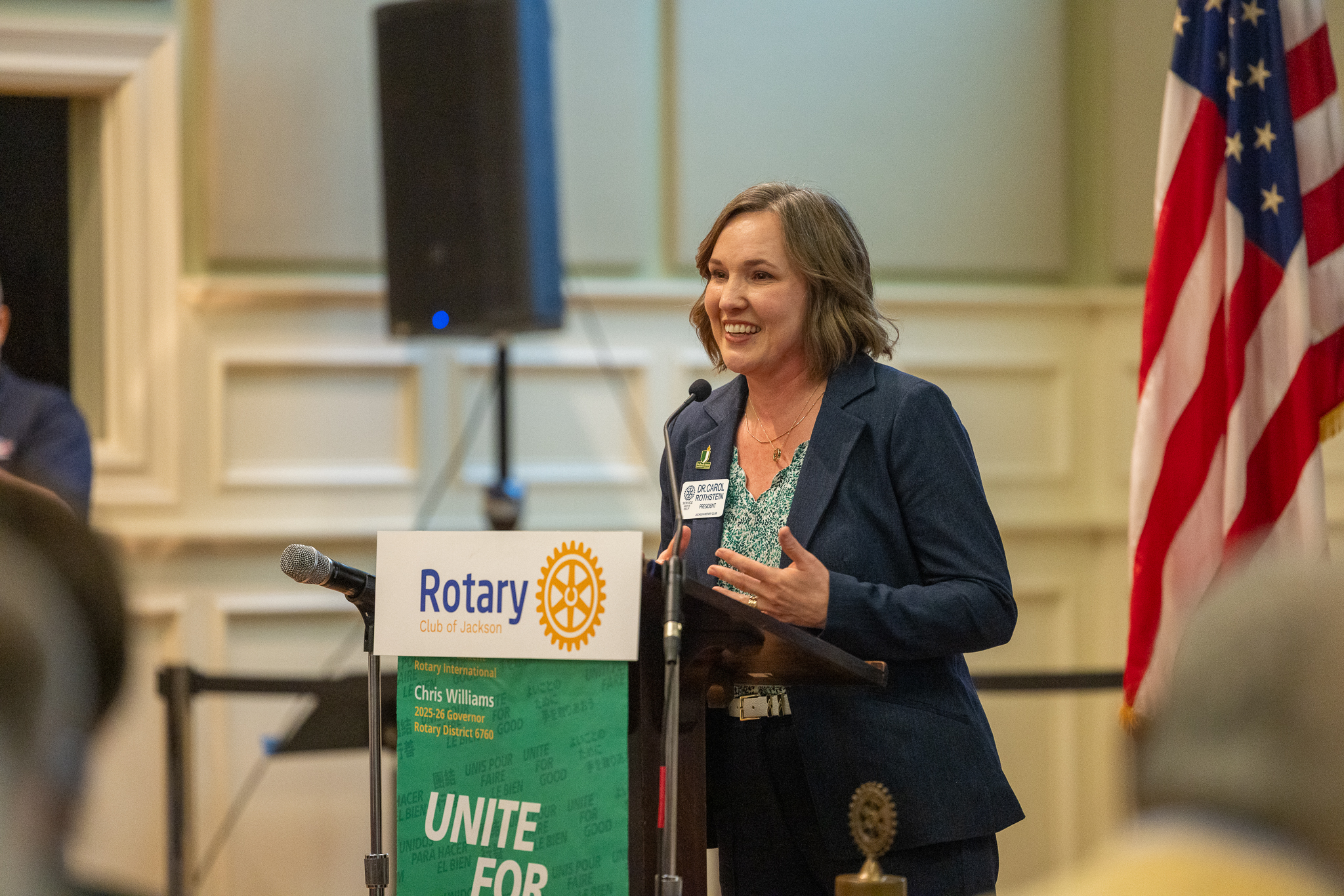 Dr. Rothstein, JSCC President, speaks to the Downtown Jackson Rotary following being announced Woman of the Year.