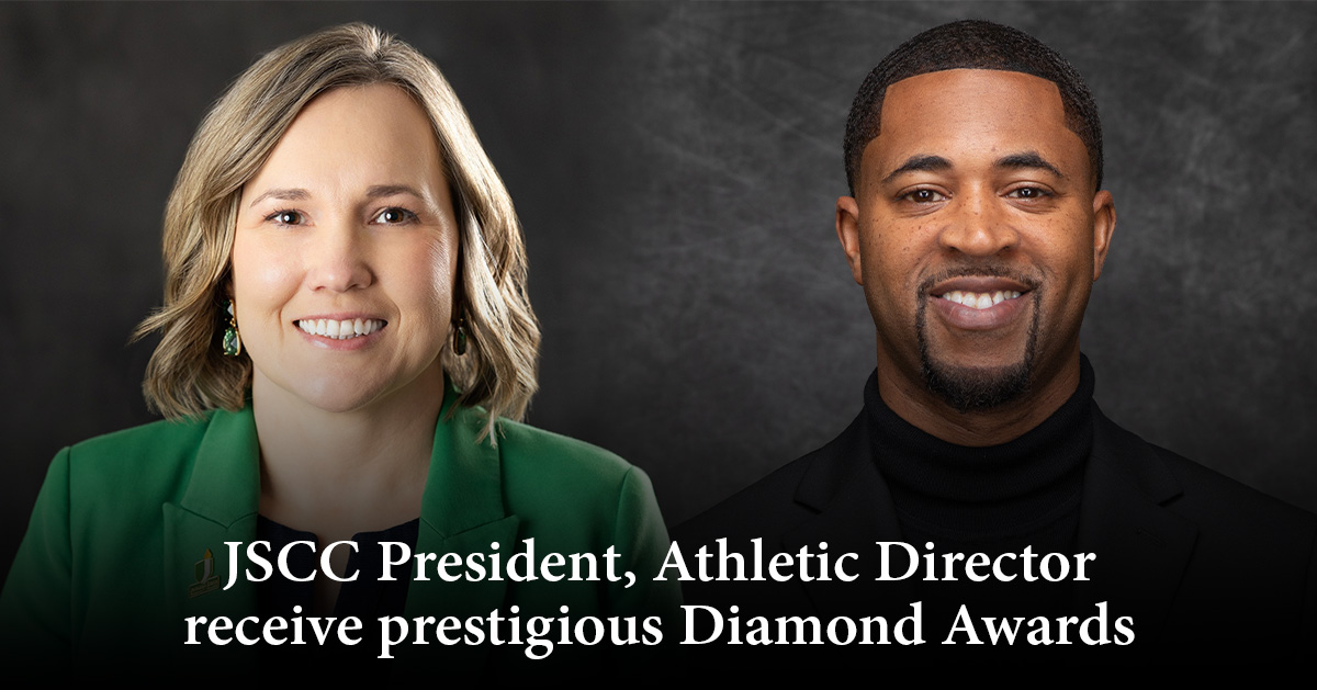 Promotional Image for the Diamond Awards showcasing a portrait photo of Dr. Carol Rothstein, JSCC President, and Dr. Kevin Lynum, Athletic Director.