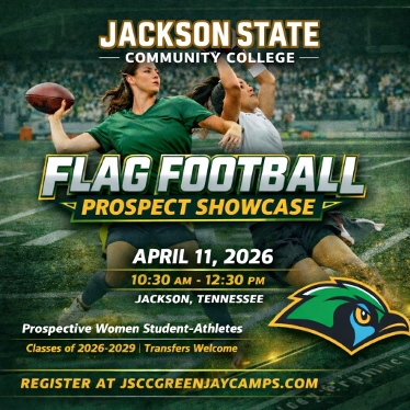 Promotional Flyer image of two women play flag football on a field; one runs with the ball while the other reaches to grab her flag. Spectators sit in bleachers in the background. Text on the flyer announces a Jackson State Community College flag football