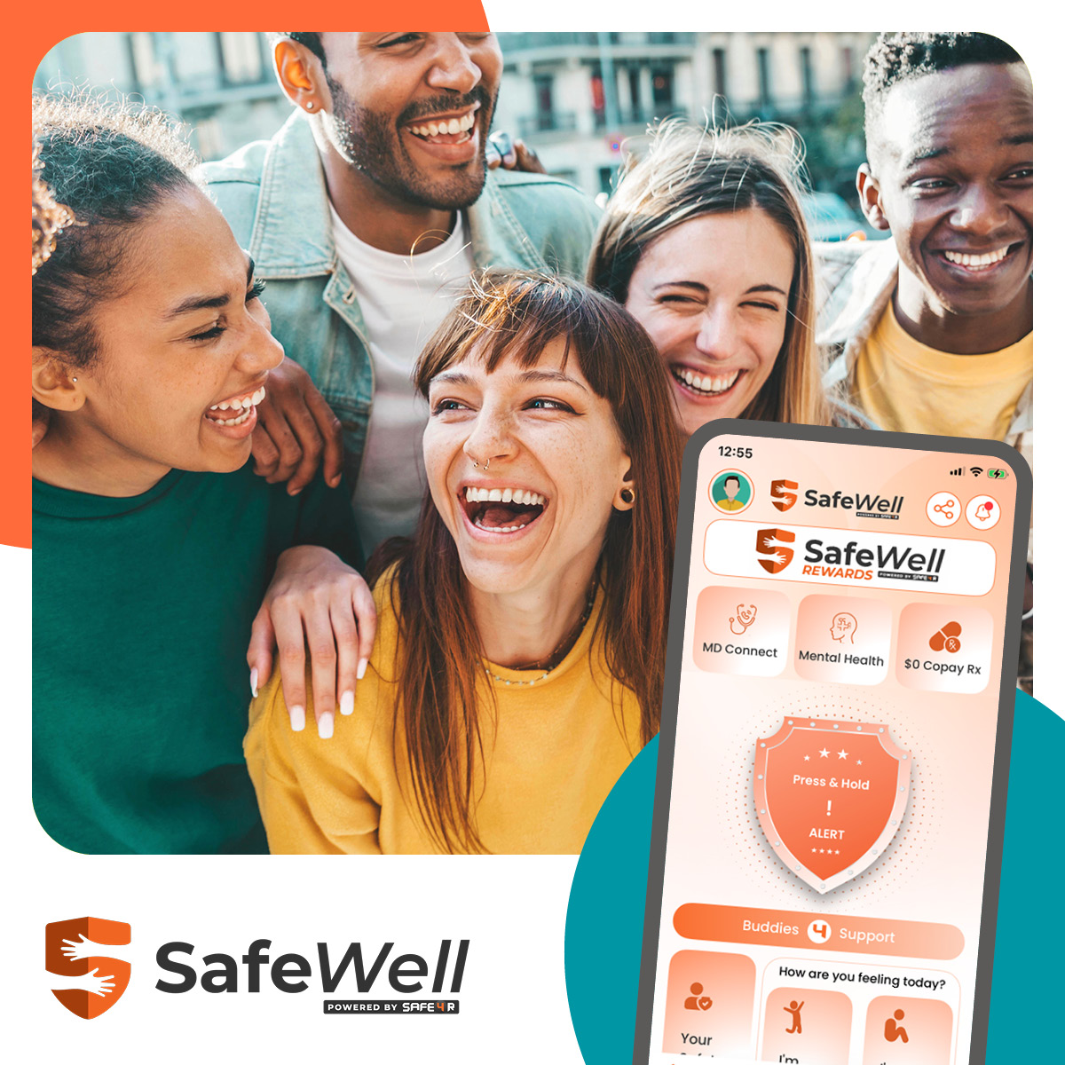 A group of people laughing  SafeWell Promotional Graphic showing a group of people smiling and laughing with a graphic overlay of the SafeWell Logo and a screenshot of the SafeWell app on a phone screen.